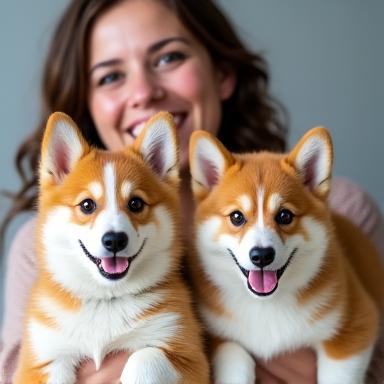 A woman holding her adorable corgi puppy, both smiling at the camera.